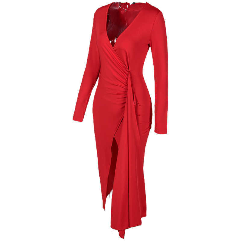 Sexy Deep V High Slit Ruched Long Sleeve Women Dress Lady Elegant Solid Cocktail Party Red Dress 210716