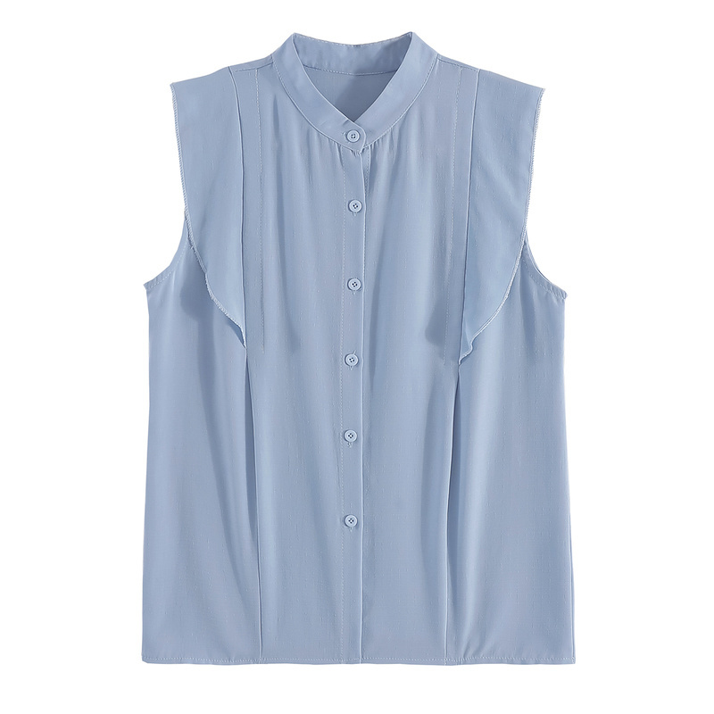 Women Tops Korean Sleeveless Chiffon Shirt Solid Casual Stand Collar Grey Blue Cardigan Womens and Blouses 9789 210506