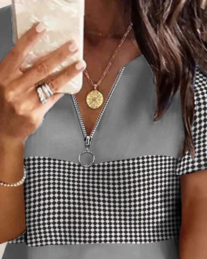 Summer Women Colorblock Zipper Front T- Shirt Femme Casual Short Sleeve Top Outfits Lady Sport Wear New Letter Print Tee 210415