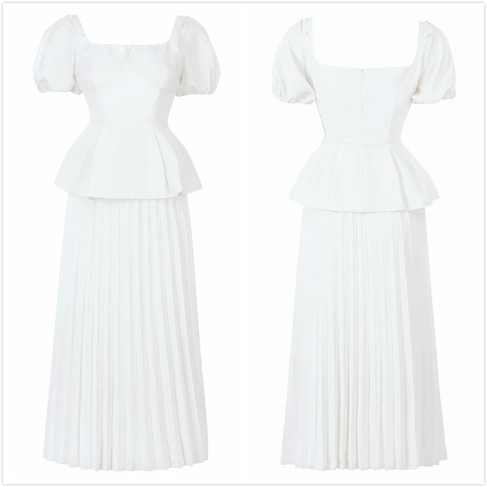 Free Ladies Summer White Dress Set Elegant V-neck Lantern Short Sleeve Slim Top & A-line Midi Skirt Two-piece 210524