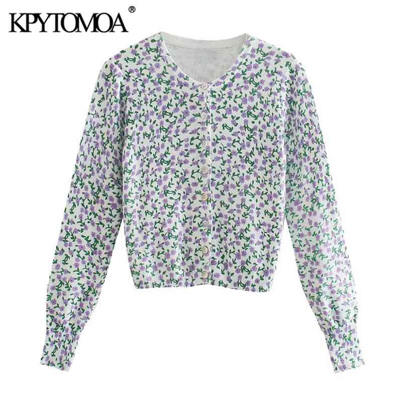 Women Fashion Floral Jacquard Cropped Knitted Cardigan Sweater Long Sleeve Female Outerwear Chic Tops 210420