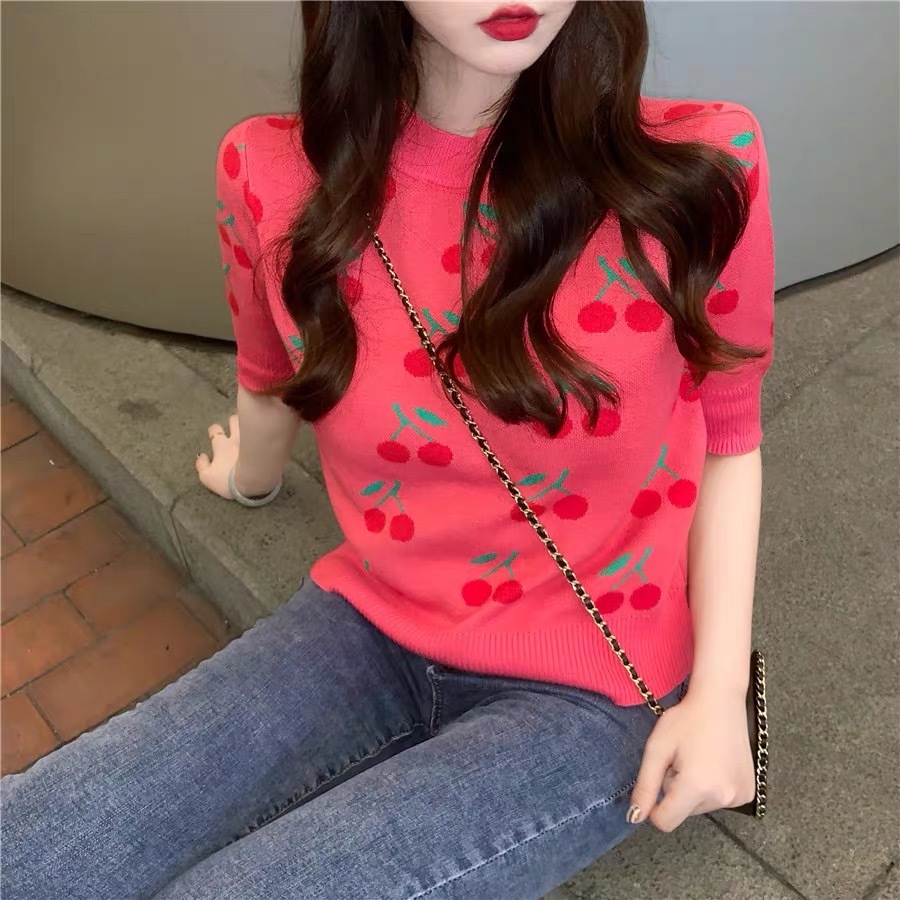 cherry sweet sweater half sleeve pink cute young style crop top women casual streetwear summer tee chic 210421