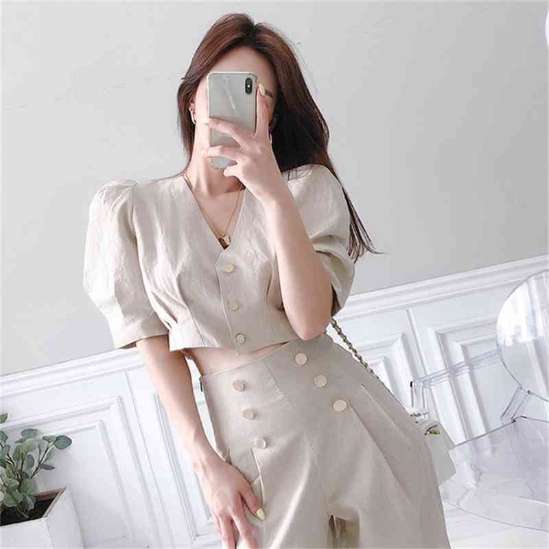 Business Ladies women two piece outfits Formal OL style Elegant Puff short sleeve tops + High waist Long Pants 2 Pieces Set 210519