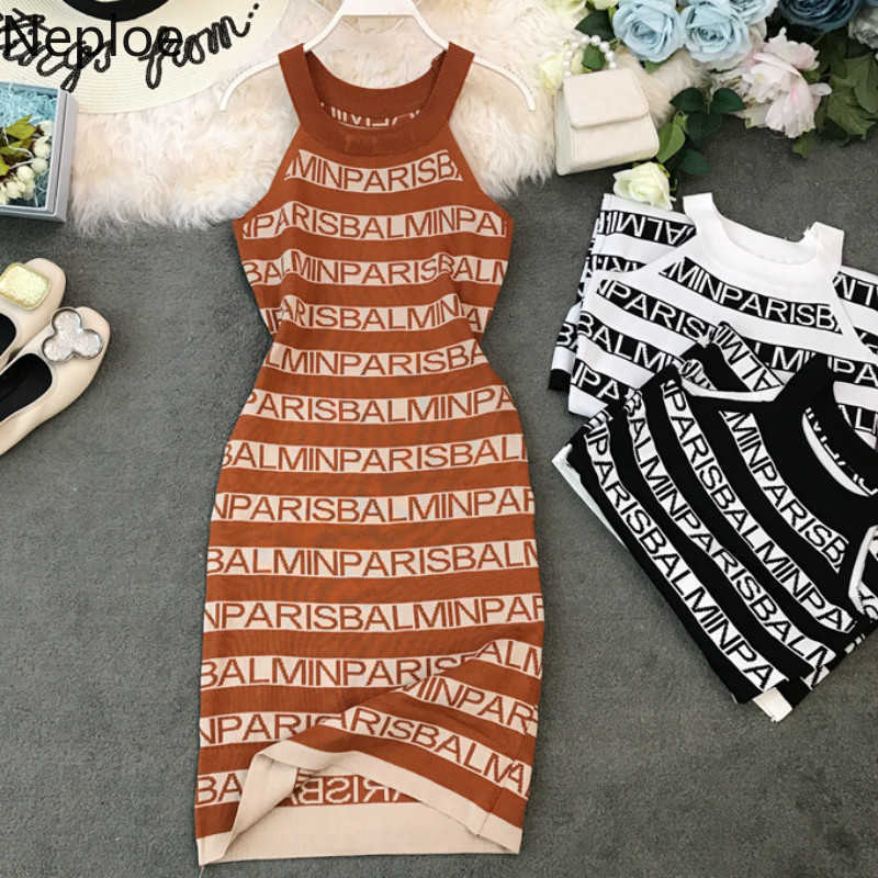 Neploe Knitted Letter Print Women Dress Summer 2021 New Halter Sleeveless Camis Vestidos Sexy Slim Waist Bodycon Dress 44319 Y0118, Black;gray
Neploe Knitted Letter Print Women Dress Summer 2021 New Halter Sleeveless Camis Vestidos Sexy Slim Waist Bodycon Dress 44319 Y0118, Black;gray