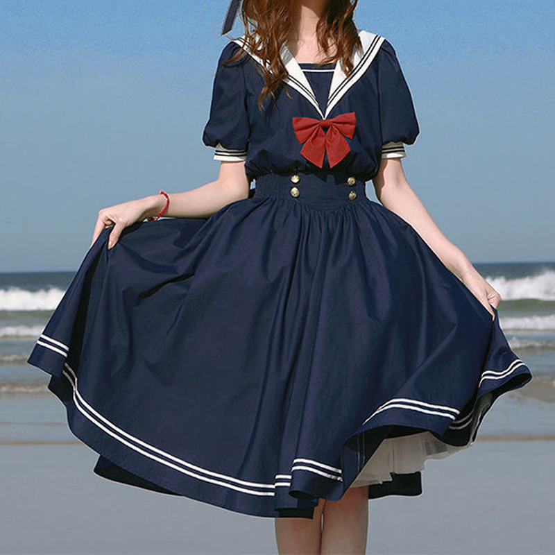 Harajuku Sailor Collar Navy Dress Japanese Lolita Sweet Bow-knot Girl Retro Cotton Kawaii Preppy Style Short Sleeve Dress Women 210331Z