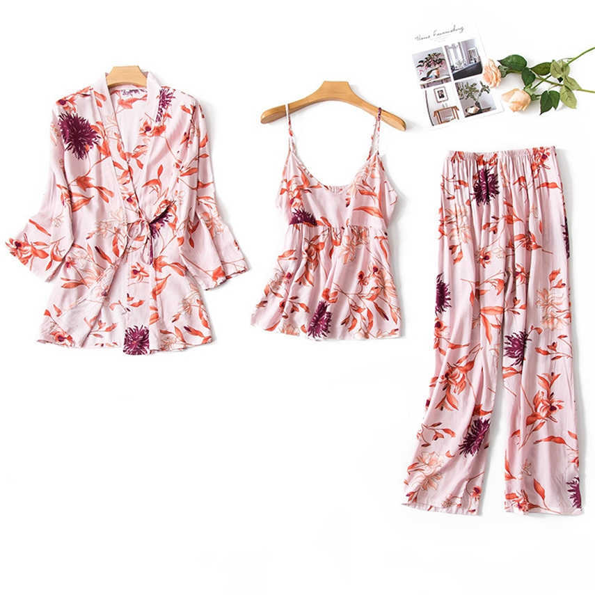 Satin Pajamas for Women 3Pcs Pjs Home Wear Clothes Print Floral Cotton Ladies Sexy Loose Sleep Nightwear Sets 210924
