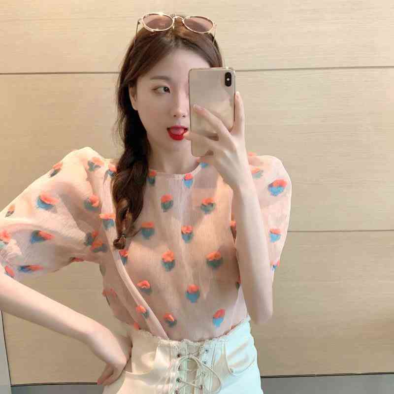 Pink Blusas Women Tops Spring Summer Puff Sleeve Floral Patch Korean Kawaii Blouses Slim Fashion Shirts Vintage 210519
