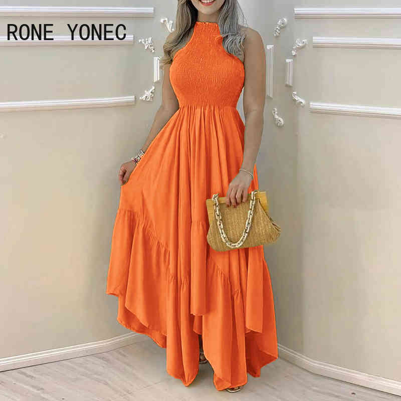 Women Elegant Dress Plain Sleeveless Ruched Maxi Pleated Dress Summer Dress 210409