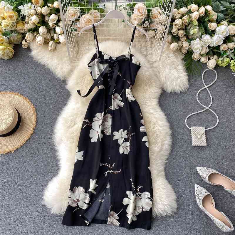 Sexy Spaghetti Strap Women Dress Vintage Floral Print Sleeveless Button Dresses Ladies High Waist Back Bandage Vestidos 210422
