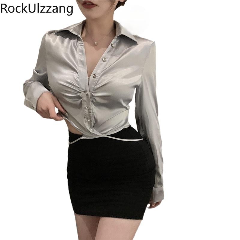 Women's Blouses & Shirts Button Up Cross Waist Lace Satin Silky Silver White Long Sleeve Slim Crop Top Women Bandage Blouse Blusas Office La
Women's Blouses & Shirts Button Up Cross Waist Lace Satin Silky Silver White Long Sleeve Slim Crop Top Women Bandage Blouse Blusas Office La