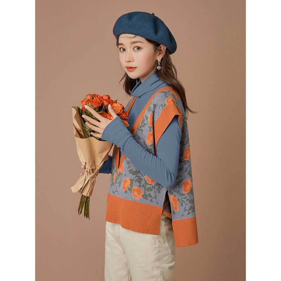 Spring Sweet Orange Sweater Flower Pattern Koean Style Vest V-Neck Knitting Top Sleeveless Jumper 210915