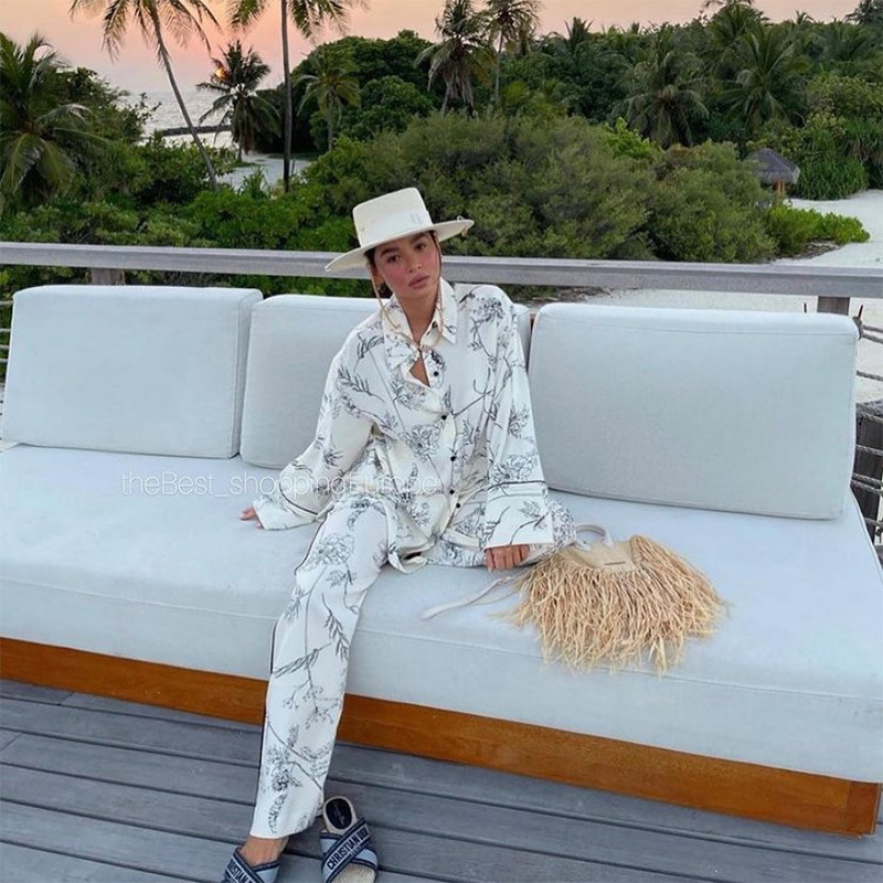 Women 2 Piece Set Loose Shirt and Trousers Oversized Blouse Wide Trousers Elegant Cozy Woman Pajama style Sets Outfits 210331