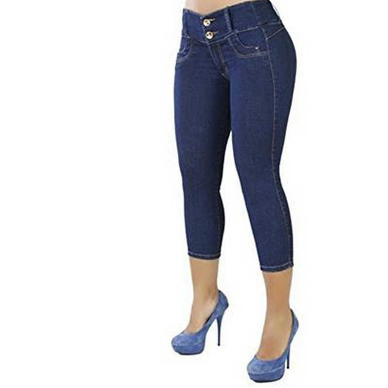 Women Sexy Casual Cropped Pants Solid Color Button Fly Waist Slim Trousers Breathable Elastic Pencil 210922