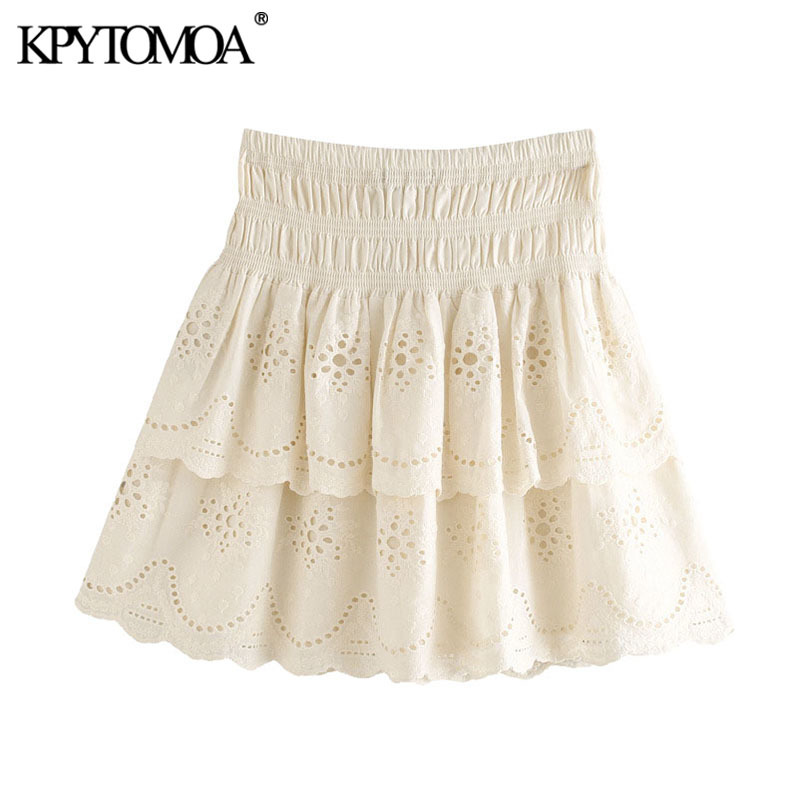 Women Chic Fashion Cutwork Embroidery Mini Skirt Vintage High Elastic Waist Ruffled Female Skirts Faldas Mujer 210416