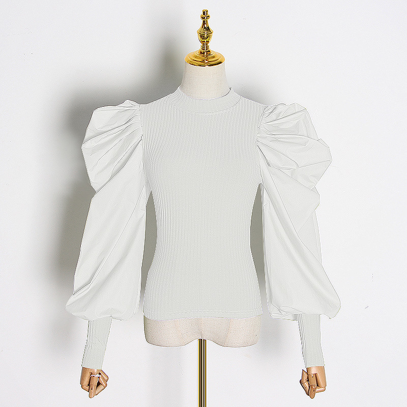 O Neck Chic Puff Long Sleeve Knit Patchwork Pullovers Spring Woman Tops Solid Elegant All-match Slim Fit Sweater 210519