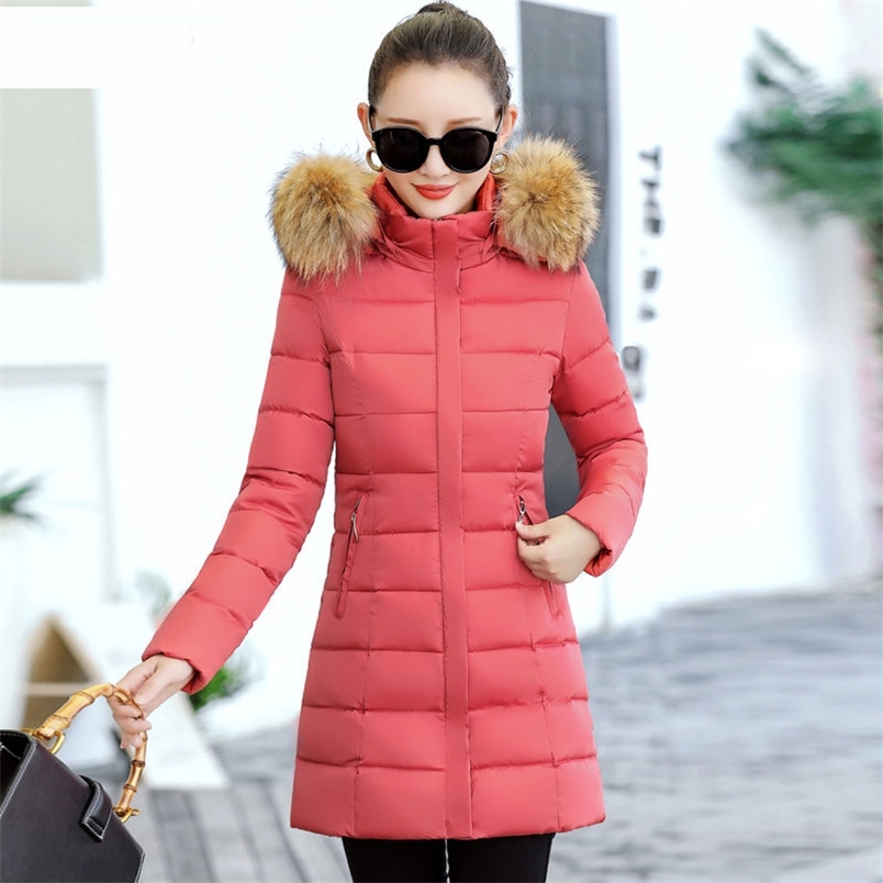 Korea Fashion Women Slim Parkas Warm Thicken Cotton Long Coat Hooded Ladies Winter Coats Lady Jackets Plus Size D254 210512