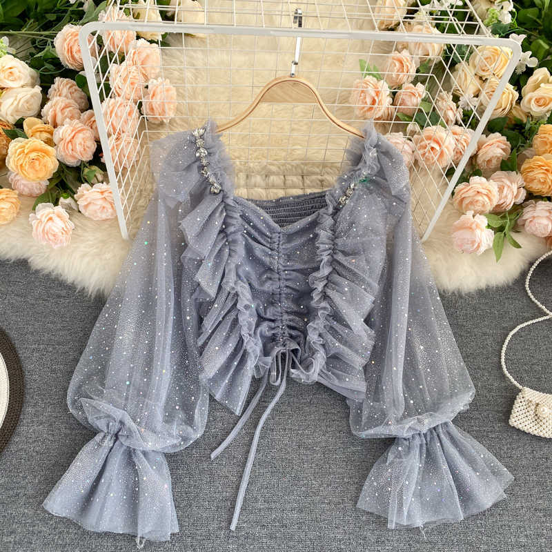 Court Female Bling Shiny Mesh Long Sleeve Sweet Wood Ear Short Tops Shirt Autumn Women Fashion Elegant Blouse P613 210527