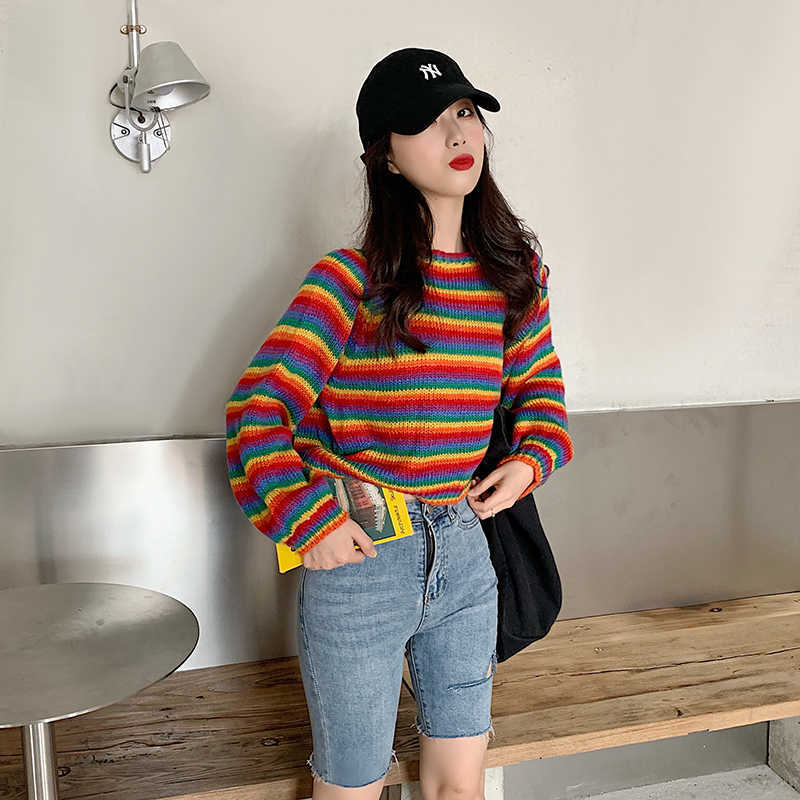 Korean Rainbow Knitted Sweater Women Runway Jumpers Loose Women's Clothes Autumn Plus Size Casual female Top Pullovers 210812