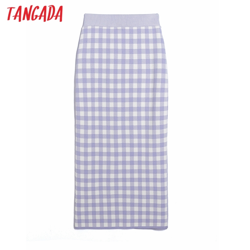Women Plaid Print Sweater Midi Skirt Faldas Mujer Vintage Office Ladies Elegant Chic Mid Calf Skirts 6H10 210416