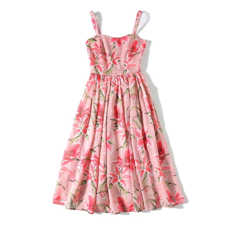 summer sundress for women vintage sweet young pink lily flower printed spaghetti strap A-line party beach dress plus size 210421