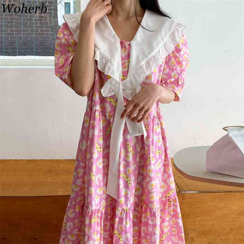 Women Floral Print Dress Korean Fashion Chic Puff Short Sleeve Tie Turn Down Collar Dresses Ladies Elegant Cute Robe 210519
