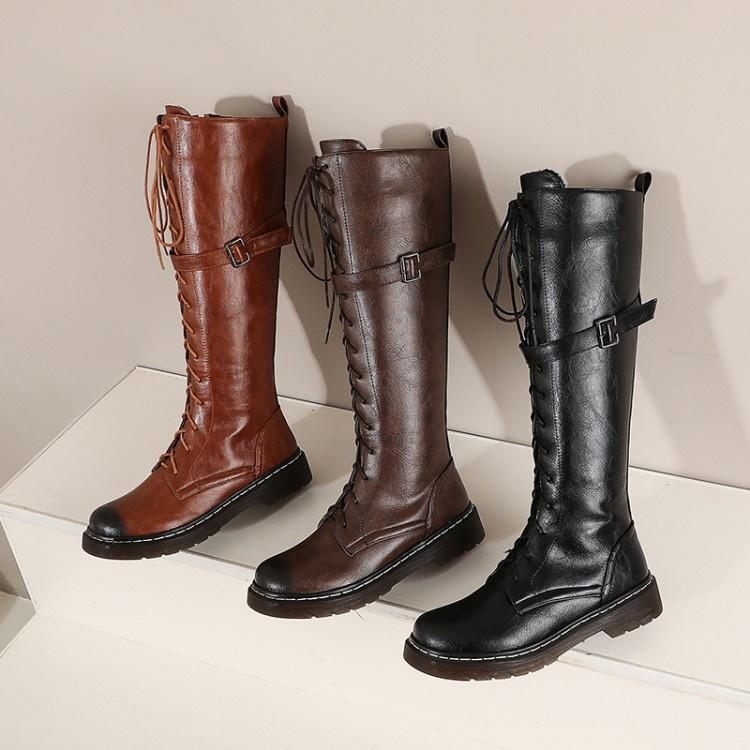 Boots Women's Round Toe Sqaure Heels Knee-High Waterproof Pu Leather Lace-up Booties Flat With Concise Fall Winter