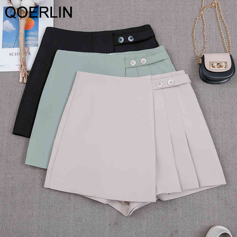 Summer Shorts Skirt Women Pleated Skirts Wide Leg Aline Shorts Students Elegant Irregular Shorts Skirts Mujer Black Skirts 210412