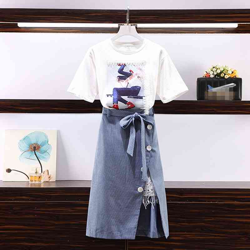 Personality Character Print Lace Patchwork Cotton Tshirt +Bow Knot Striped Button Split Skirt Suits Casual Student 2 Piece Set 210525, White
Personality Character Print Lace Patchwork Cotton Tshirt +Bow Knot Striped Button Split Skirt Suits Casual Student 2 Piece Set 210525, White