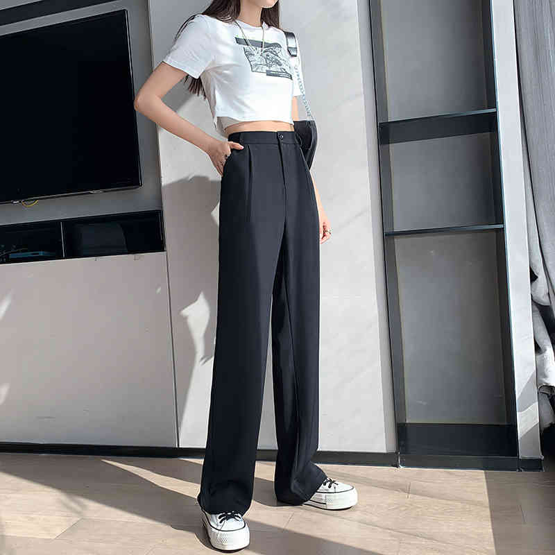 Casual High Waist Loose Wide Leg Pants for Women Spring Summer Female Floor-Length White Suits Ladies Trousers 210514