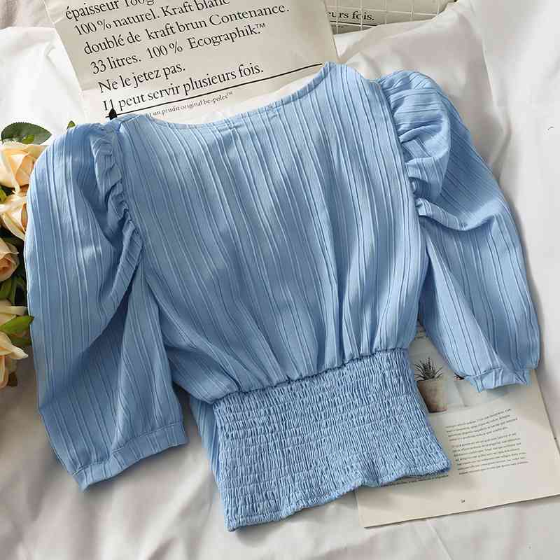 Kimutomo French Bow Blouse Women V-neck Short Sleeve Slim Waist Korean Fashion Summer All-matching Shirt Thin 210521