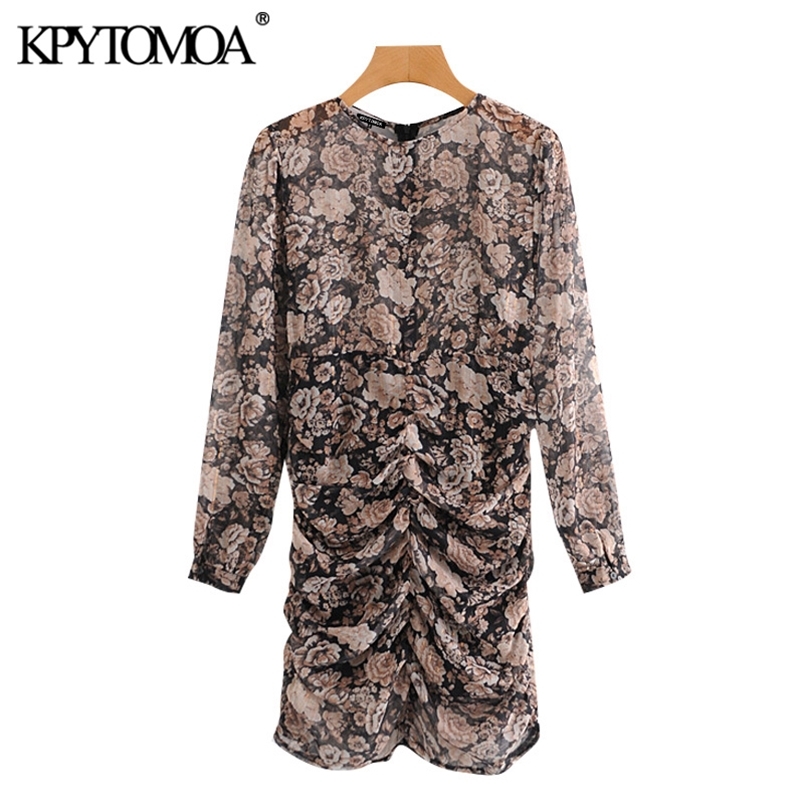 Women Fashion Metallic Thread Floral Print Pleated Mini Dress Long Sleeve With Lining Female Dresses Mujer 210420