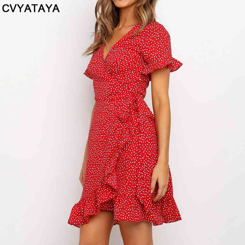 Boho Ruffles Wrap Summer Dress Sexy V Neck Short Sleeve Floral Printed A Line Self Tie Mini Red Dresses For Women Vestidos 210331