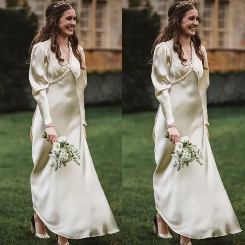 Vintage Dresses A Line Bridal Gowns Satin Long Sleeves V Neck Ankle Length Custom Made Plus Size Boho Garden Country Wedding Vestidos