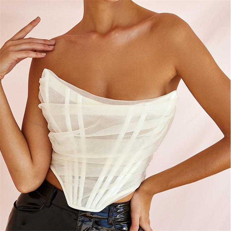 

Bustiers & Corsets Women' Sexy Mesh Sheer Bustier Tube Top Solid Color Off Shoulder Sleeveless Asymmetric Fit Slim Corset Tops Summer Stree, Black