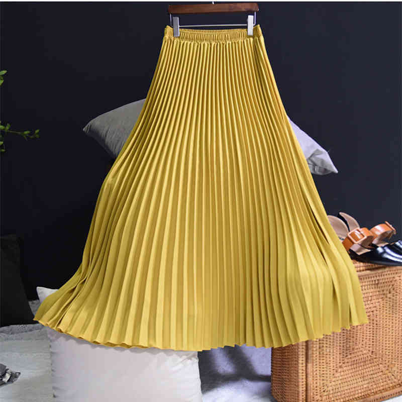 Ladies Summer Women Skirt Female Vintage Long Skirts Womens Maxi Casul Solid Elastic High Waist Women Pleated Skirt Saias Jupe 210416