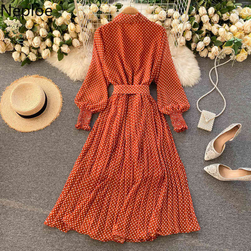Neploe Korean Woman Dress Polka Dot Long Robe Lantren Sleeve Vestidos High Waist Lace Up Chiffon Pleated Women Clothes Dresses 210422