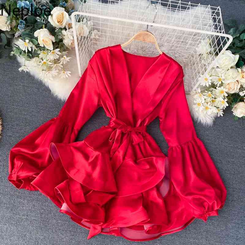 Neploe Korean Fashion Dress Woman Satin Temperament Vestidos Mujer V-neck Lantern Sleeve Robe Lace Up Ruffles Elegant Dresses 210422