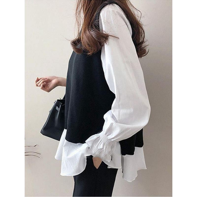 Nomikuma Women Blouse Sweet Knitted Vest Set Flare Long Sleeve Casual Blusas Shirt + Back Split Causal Sweater Vests Suits 6D780 210427