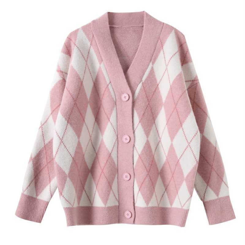 Knitted Sweater Cardigan Woman Coat Diamond Jumpers Long Sleeve Top Female Loose Pink Black Argyle Women Antumn 210914