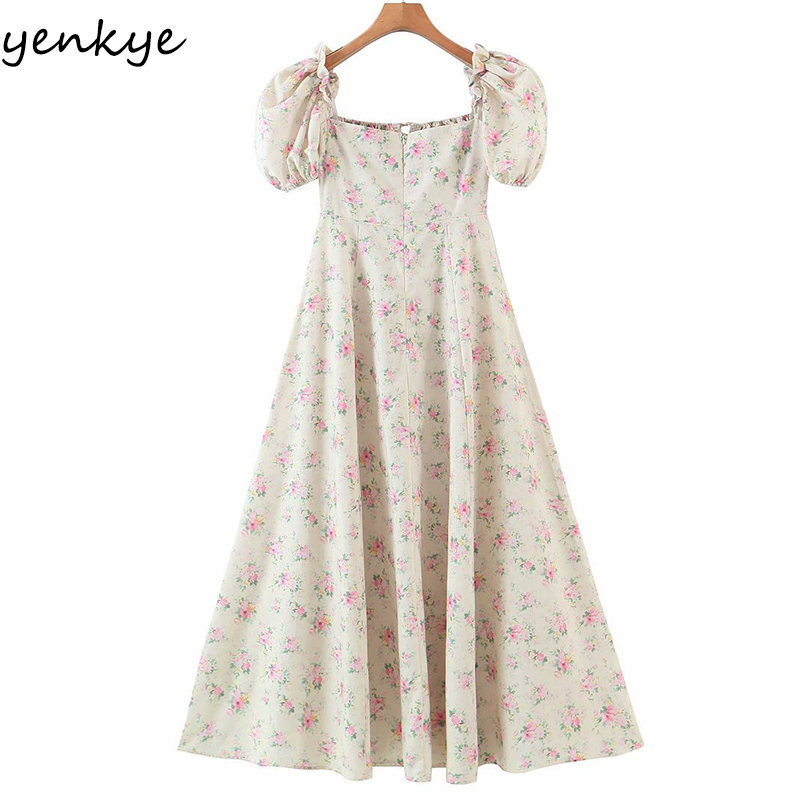 Summer Dress Women Vintage Floral Print Elegant Long Maxi Femme Square Neck Puff Sleeve A-line Sexy Slits Robe 210430