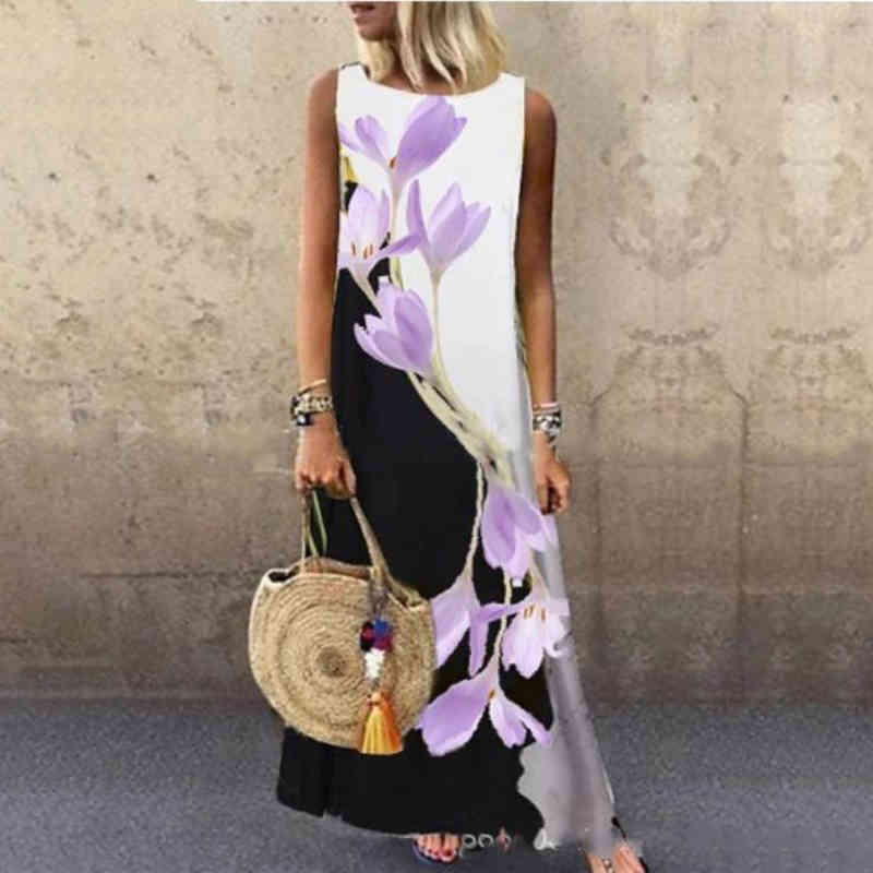 Sundress Women Summer Dress Print Floral Dress Midi Plus Size Casual Linen Loose Sleeveless printed Long Maxi Dress 210409