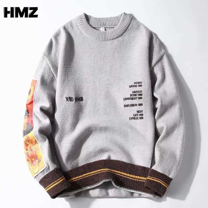 HMZ Van Gogh Sleeve Patchwork Pullover Knit Sweater Mens Hip Hop Embroidery Pullover Crewneck Knitwear Sweaters Streetwear Tops 211008