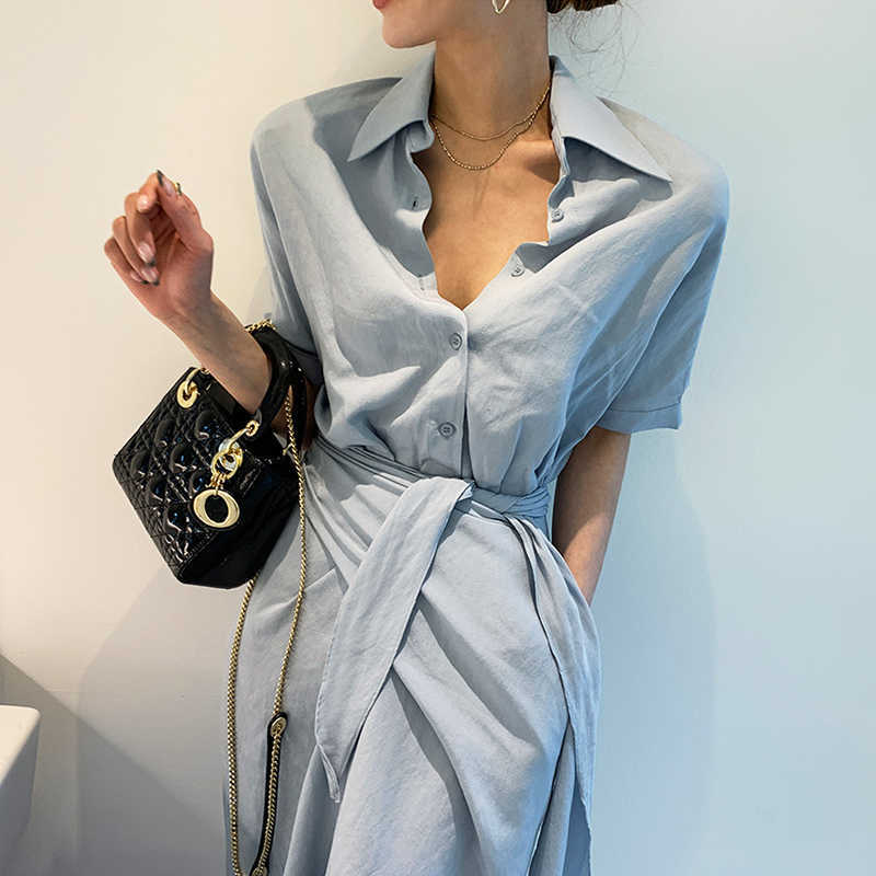 Korejpaa Women Dress Summer Korean Fashion Elegant Commute Solid Lapel Single-breasted Irregularly Tied Loose Shirt Dresses 210526