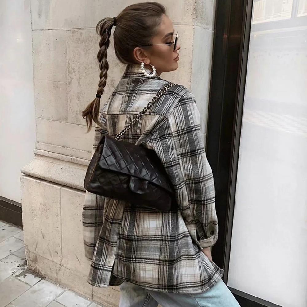 Vintage women long sleeve woolen coats fashion ladies thick plaid coat female streetwear elegant girls oversize jacket chic 210521