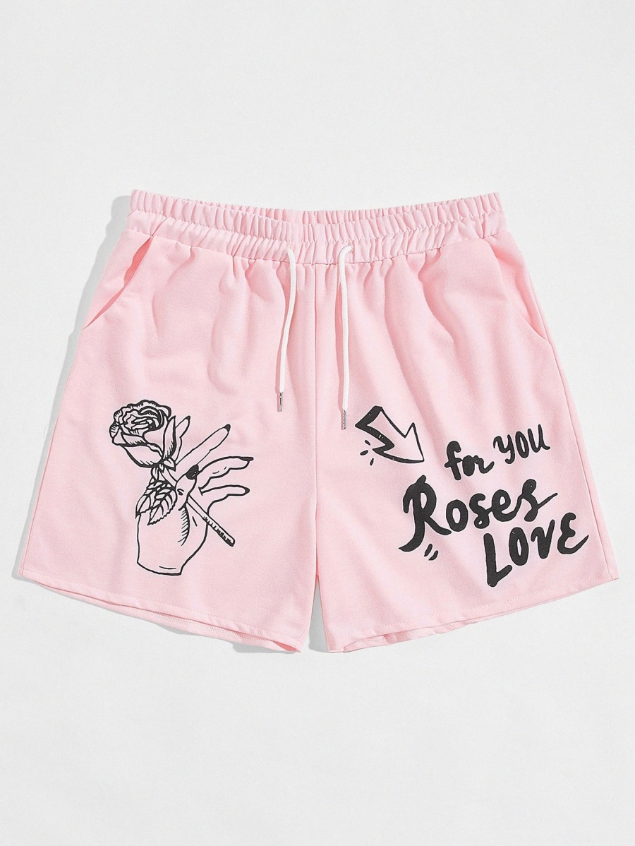 ROMWE Guys Floral & Letter Drawstring Shorts 5'' F0eD#