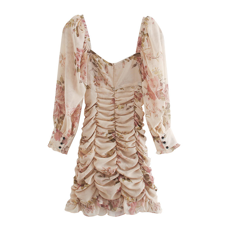 Women Puff Long Sleeve Floral Print Chiffon Dress Summer Autumn Pleated Bodycon Sexy Party Dress Square Neck Mini Dress 210414