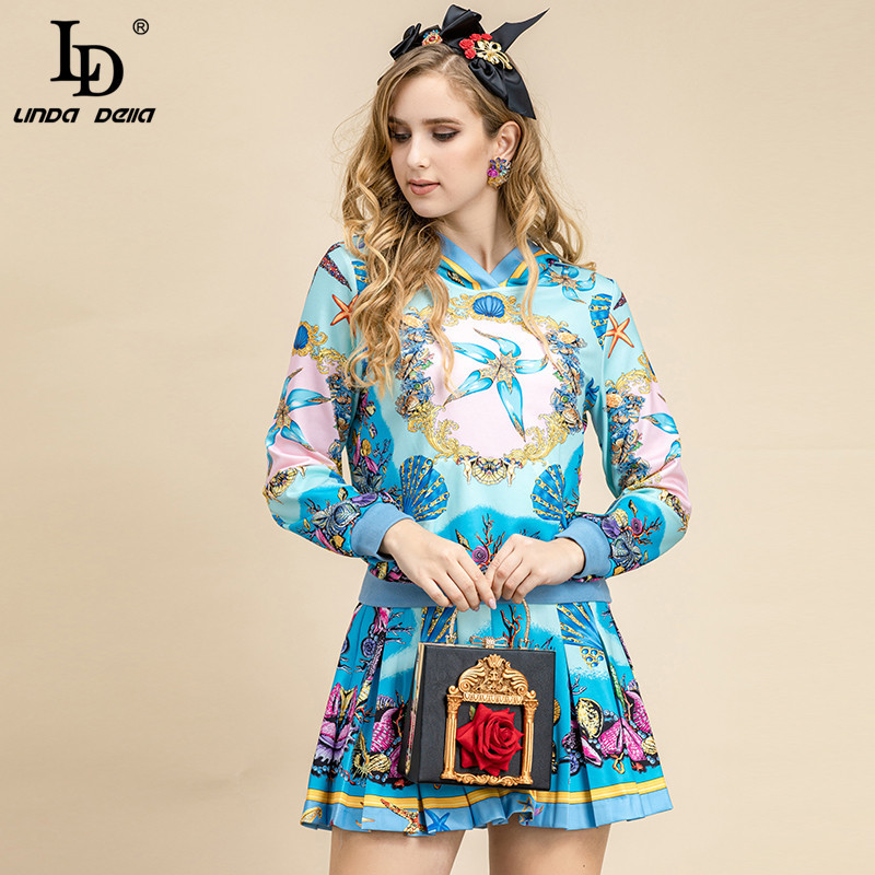 Autumn Winter Fashion Runway Skirt Suit Women Casual Pullover Hooded Sweater and Pleated Short 2 Pieces Set 210522