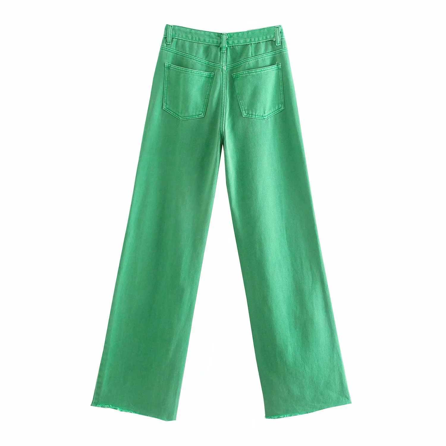 XNWMNZ Fashion Women Summer Green Denim Jeans Pants Trousers High Waist Lady Wide Leg Pantalon high quality 210922