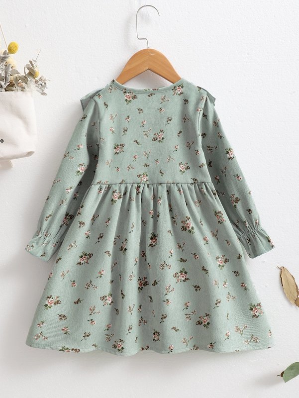 Toddler Girls Ditsy Floral Ruffle Trim Corduroy Dress SHE