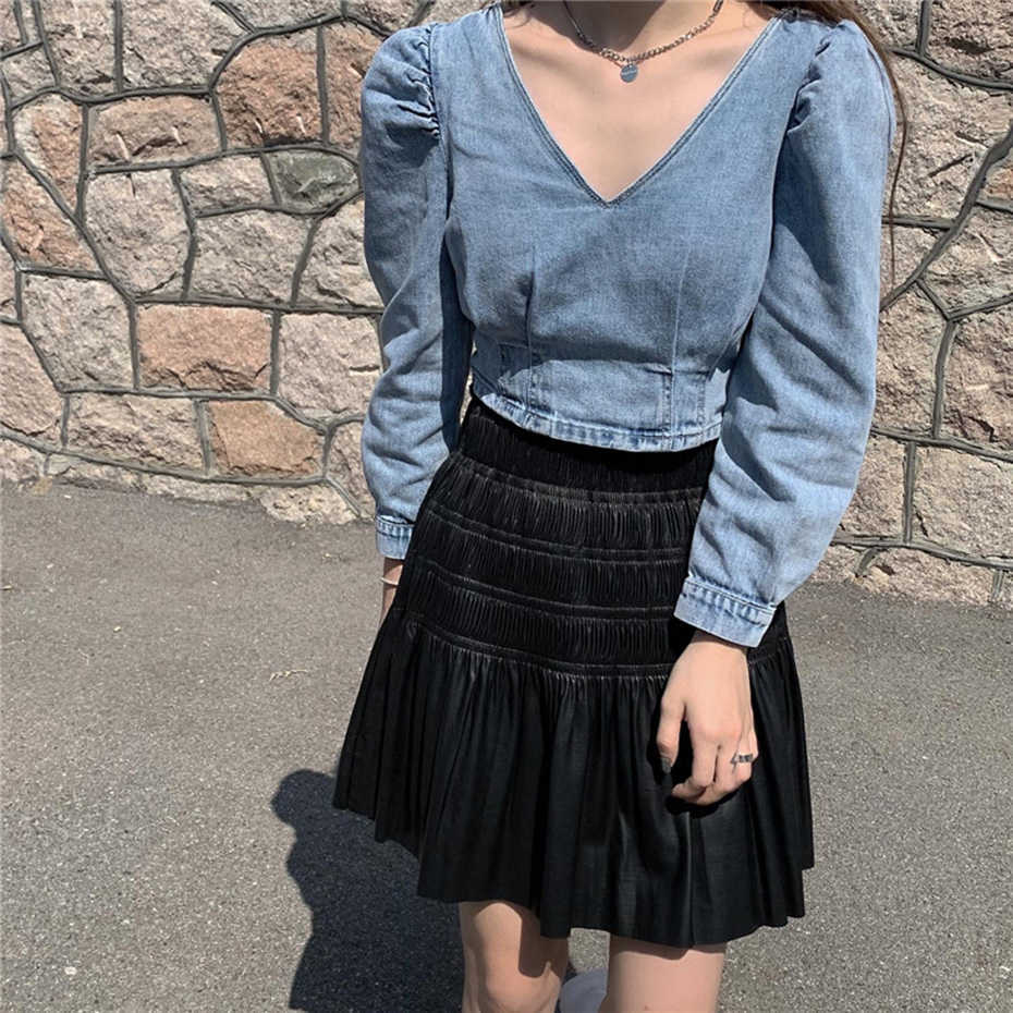 Denim Jeans Cropped Tops Women Back Zipper V-Neck Blouse Plus Size Crop Top Autumn Long Sleeve Street Wear Short Shirts 210601